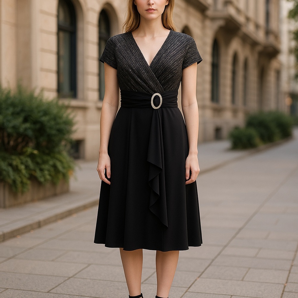 R&M Richards Black Midi Dress with Ring Detail